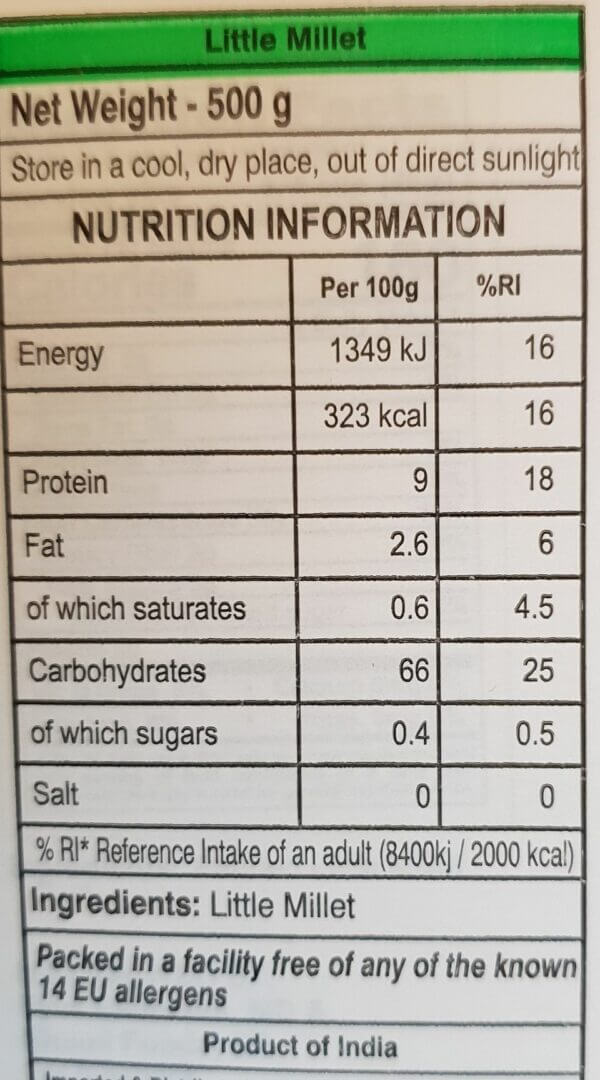The Nutrition Facts of 24 Mantra Organic Pearled Little Millet Small