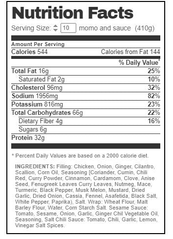 The Nutrition Facts of Himalayan Momo Dumplings (Chicken) 