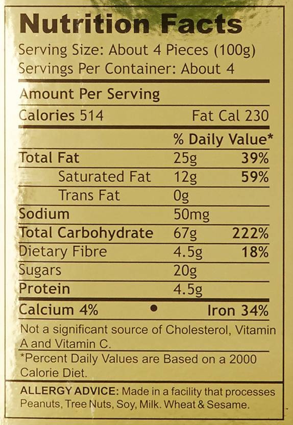 The Nutrition Facts of Karachi Bakery Chocolate Cashew Biscuits 