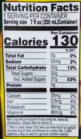 The Nutrition Facts of Parle Frooti Mango 