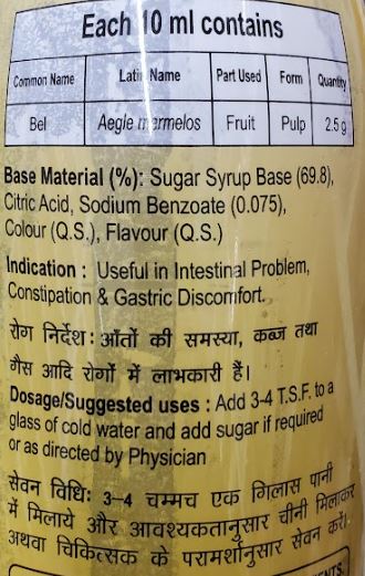 The Nutrition Facts of Patanjali Bel Sharbat 