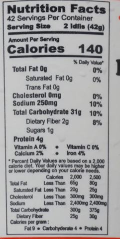 The Nutrition Facts of Priyems Certified Organic Idli-Dosa Batter 
