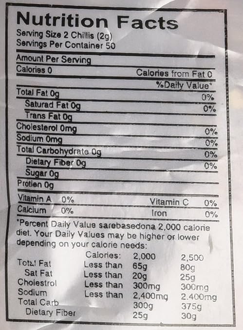 The Nutrition Facts of Swad Chilli Whole 