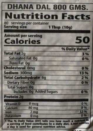 The Nutrition Facts of Swad Dhana Dal Large 