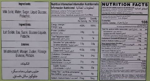 The Nutrition Facts of United King Riwayati Kulfi Pista Flavour 
